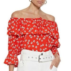 Ganni| ‘Silvery Crepe’ Red Floral Off-Shoulder Top/Blouse Sz 38/M/6